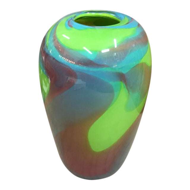 Vintage Hand Blown Colorful Glass Vase, Signed. For Sale