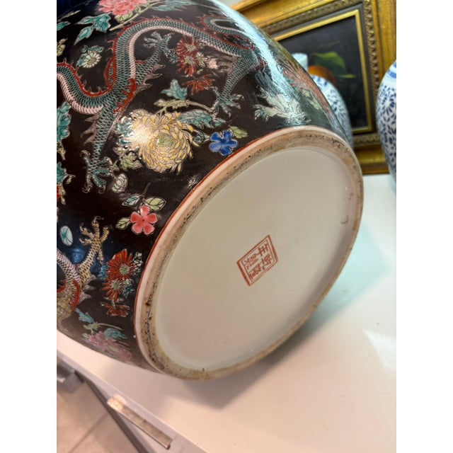 Momumental Vintage Chinese Black Ground Dragon & Floral Porcelain Floor Vase With Gilt Rim For Sale - Image 14 of 18