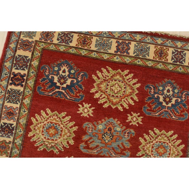 Kazak Rug 3’11” X 5’3” Red Wool Tribal Hand-Knotted Oriental Carpet For Sale In Philadelphia - Image 6 of 12