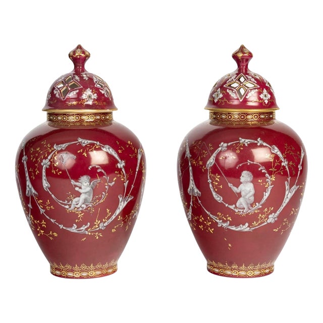 Napoleon III Lidded Vases in Painted Porcelain, 19th Century, Set of 2 For Sale