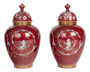 Napoleon III Lidded Vases in Painted Porcelain, 19th Century, Set of 2