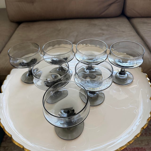 Incredible, complete vintage set of 7 champagne/cocktail coupe glasses in the iconic "Tawny Accent" pattern, manufactured...