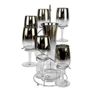 Mid-Century Cascading Silver Rim Wine Decanter Serving Glasses - Set of 8