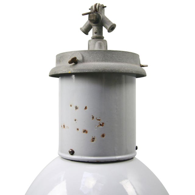 British vintage industrial hanging pendant. light grey enamel with white interior. e26/e27. Depending on destination, all...