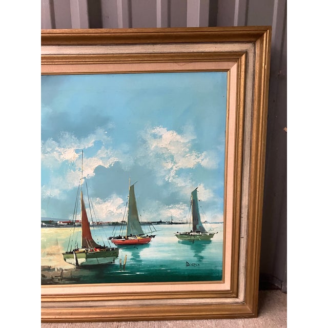 1980s Nautical Large Oil on Canvas Sailboats Signed Unknown., Framed For Sale - Image 4 of 10