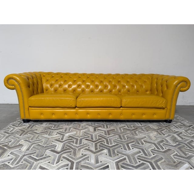 Custom Luxury Marcantonio Designs Bench-Crafted Yellow Leather Chesterfield Sofa With Deep Button Tufting, Rolled Arms,...