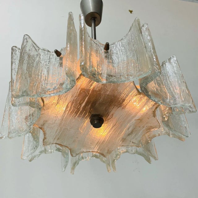 1950s Small Swedish Mid-Century Modern Chandelier / Pendant, Slumped Glass and Brass For Sale - Image 5 of 12