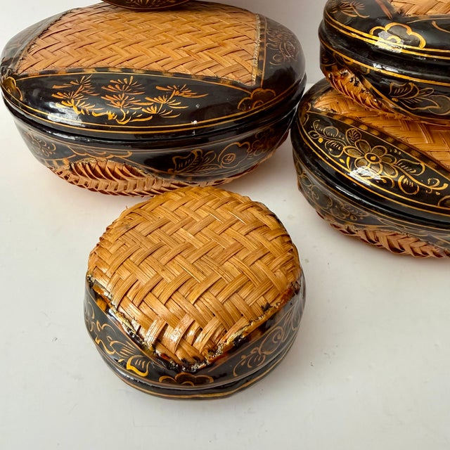 Mid 20th Century Mid 20th Century Chinese Lacquered Wicker Nesting Basket Set- Five Pieces For Sale - Image 5 of 7