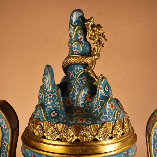 Blue Pair of Large Cloisonné Enamel Gilt Bronze Dragon Boshan Censers For Sale - Image 8 of 9