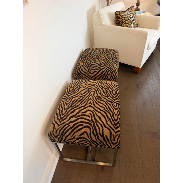 Pair of Ethan Allen Black & Gold Tiger-Print Ottoman Stools For Sale In Detroit - Image 6 of 9