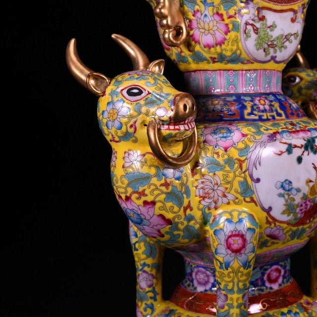 Chinese Yellow Ground Famille Rose Porcelain Zun Vase With Bull Handles For Sale - Image 9 of 9