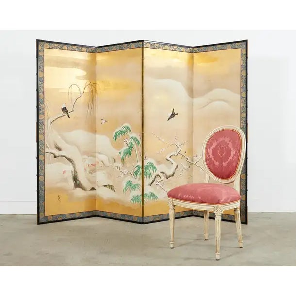 Impressive large scale Japanese Showa period four panel byobu screen depicting a serene snowy winter landscape with...