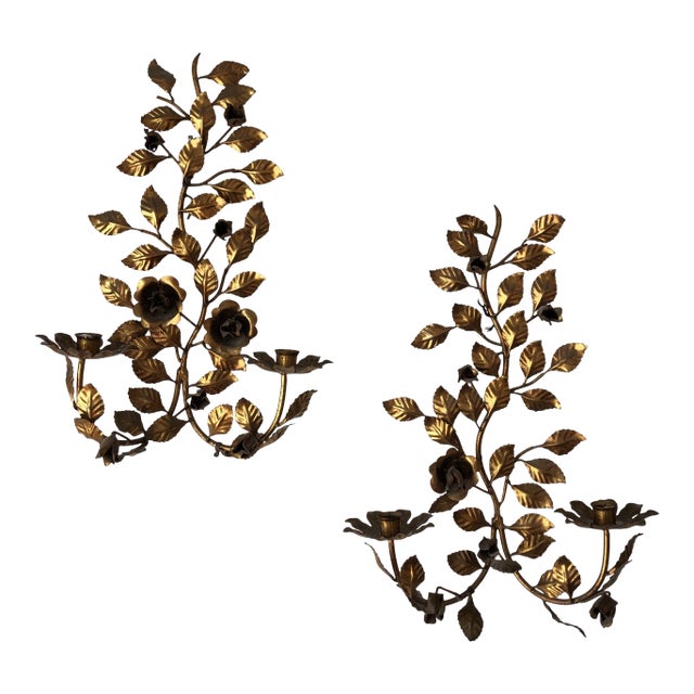 Magnifico Pair of Grand Italian Gilt Iron & Tole Floral Motif Candle Sconces – Lavish, Ornate, and Electrification-Ready For Sale