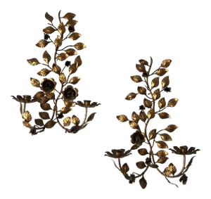 Magnifico Pair of Grand Italian Gilt Iron & Tole Floral Motif Candle Sconces – Lavish, Ornate, and Electrification-Ready