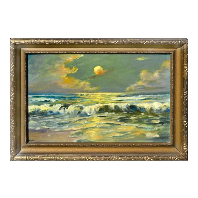 Anna Louise Hull Moonlit Waves Oil on Cardboard Seascape 1920 Chairish