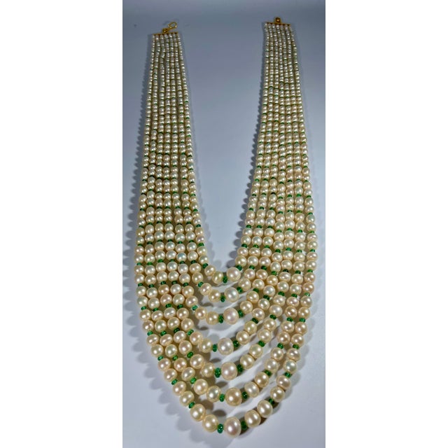 2010s 7Layer Fresh Water Pearl , Emerald Bead + 14K Spacer Clasp Opera Length Necklace For Sale - Image 5 of 18