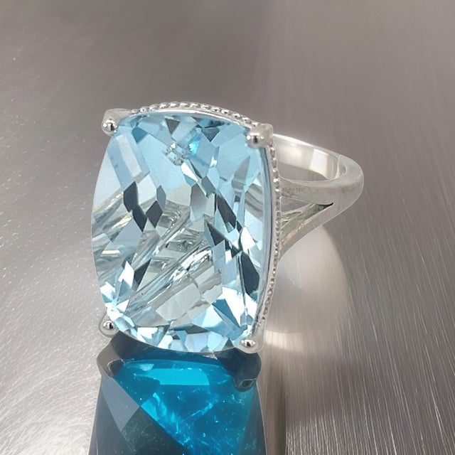 Natural Solitaire Blue Topaz Ring 6.5 14k W Gold 19.58 Cts Certified For Sale - Image 13 of 18