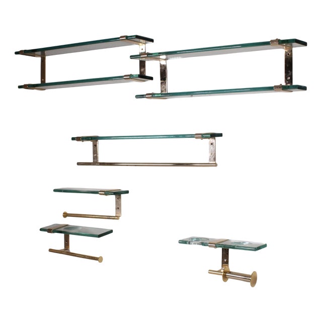 Glass and Brass Bathroom Set in the style of Fontana Arte, Set of 6 For Sale