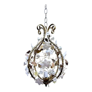 Vintage Italian Gilt Gold and White Porcelain Flower Chandelier
