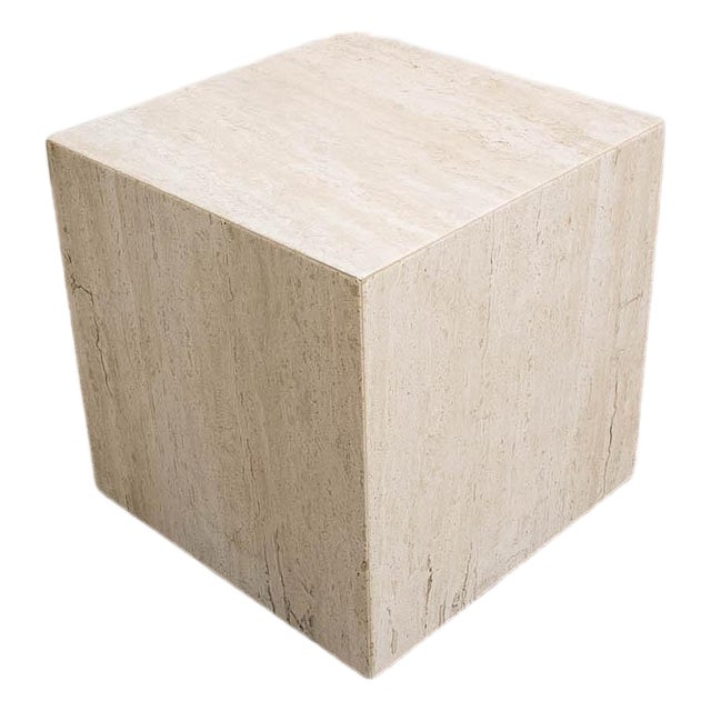 1970s Mid Century Modern Side Table Square Travertine Stone White End Nightstand MCM For Sale