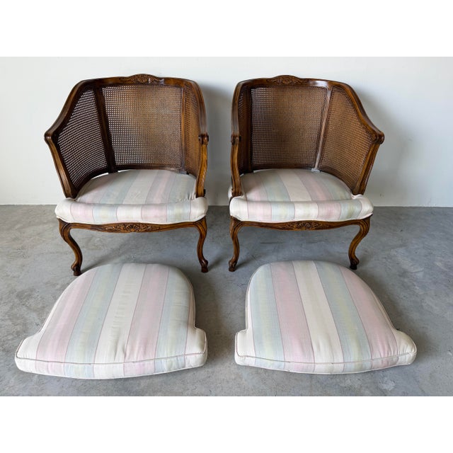 1960s Vintage French Provincial Louis XV-Style Carved Walnut & Cane Club Chairs – Pair For Sale - Image 10 of 13