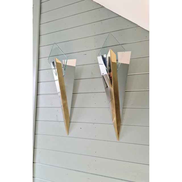 Gold Large Triangular Wall Sconces in Brass and Chrome by J. T. Kalmar for J.T. Kalmar, 1970s, Set of 2 For Sale - Image 8 of 18