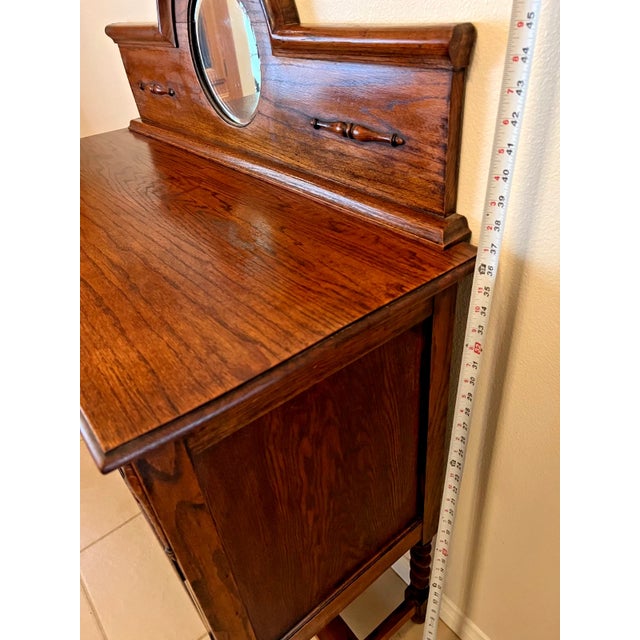 Antique Barley Twist Oak Server Cabinet Sideboard Buffet Console, Beveled Mirror For Sale - Image 16 of 17