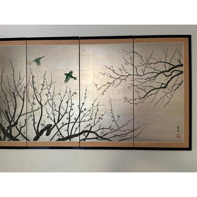 1980s Vintage Japanese 4-Panel Gold Leaf Byōbu Wall Screen - Hand-Painted Plum Blossoms & Birds For Sale - Image 5 of 6