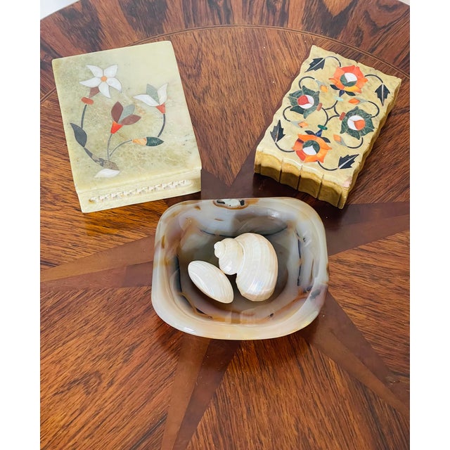 Stone Set of 3, Antique Pietra Dura Stone Boxes Dish Desk Accessories For Sale - Image 7 of 7