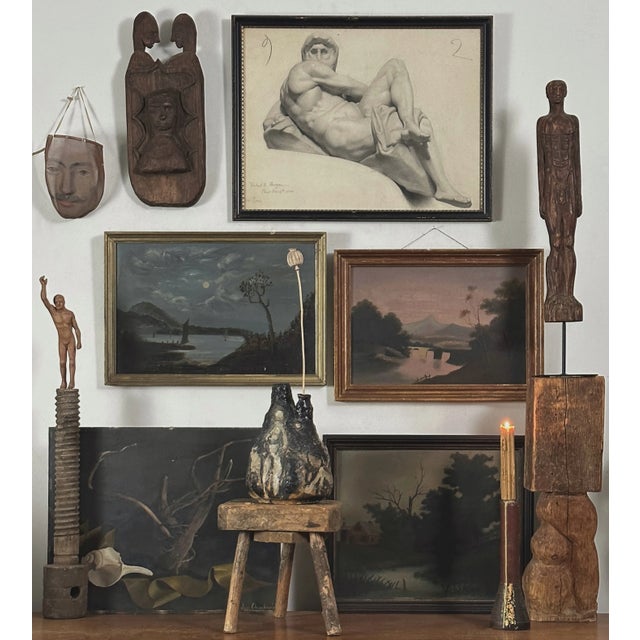 Antique 1880 Classical Male Figurative Sketch, Signed (Charcoal/Graphite on Paper). The sketch is after a figure from...