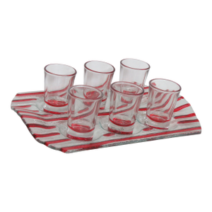 6 Barconic Red Shot Glasses and Red Striped Glass Tray 4629b
