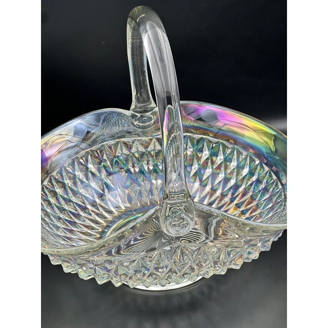 Transparent Large Iridescent Pressed‑Glass Centerpiece Basket With Handle For Sale - Image 8 of 9