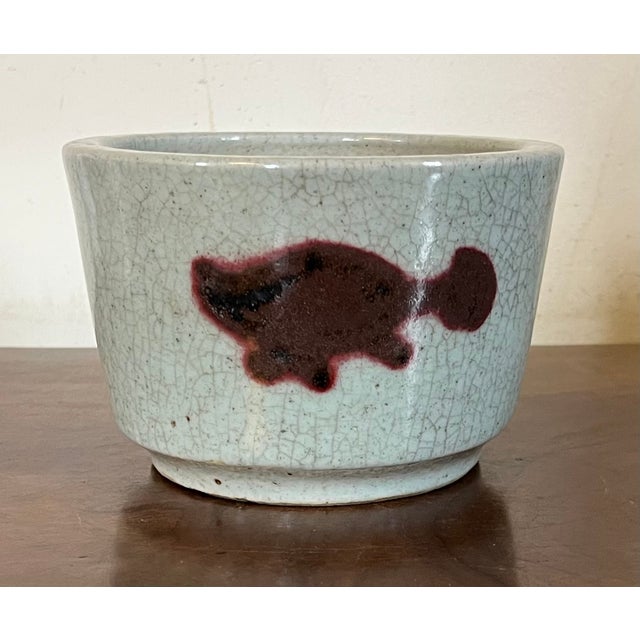 Antique 19th Century Chinese Crackle Glaze Celadon Brush Pot or Cachepot With Oxblood Fish Design For Sale - Image 4 of 10