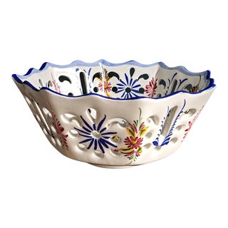 Vintage Portuguese Blue and White Ceramic Floral Reticulated Bowl For Sale