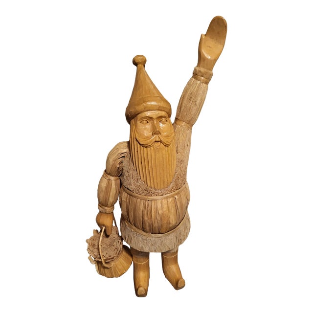 Vintage Santa Claus Corn Husk and Carved Decor For Sale