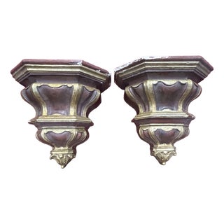 Antique 19th Century Gold and Purple Lacquered Shelves with Painted Imitation Marble Tops, 1800, Set of 2 For Sale