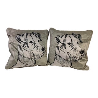 Square Pillows With a Modern Silver Schnauzer Dog Portrait Print, Made in U K- a Pair For Sale