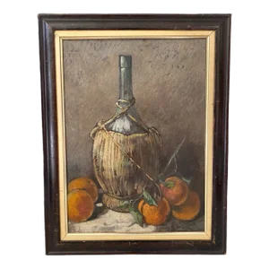 Wine Bottle: French Impressionist Still Life Oil Painting With Wine, Peaches and Oranges Dated 1912 by Listed Artist, Framed