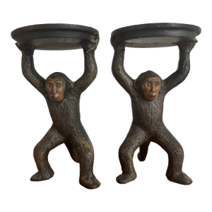 Vintage Pair of Cast Iron Monkey Candlesticks