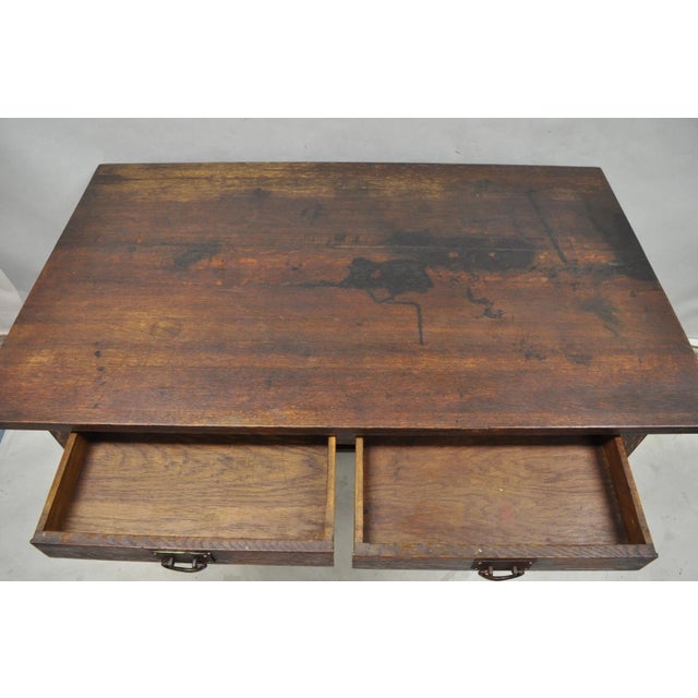 Early 20th Century Antique Gustav Stickley Arts & Crafts Mission Oak Two Drawer Library Table Desk For Sale - Image 5 of 18