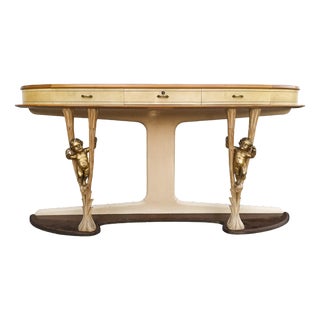 Console in Parchment and Wood with Golden Cherubs and Glass Top by Associazione Artigiani Canturini Italia, 1950s For Sale