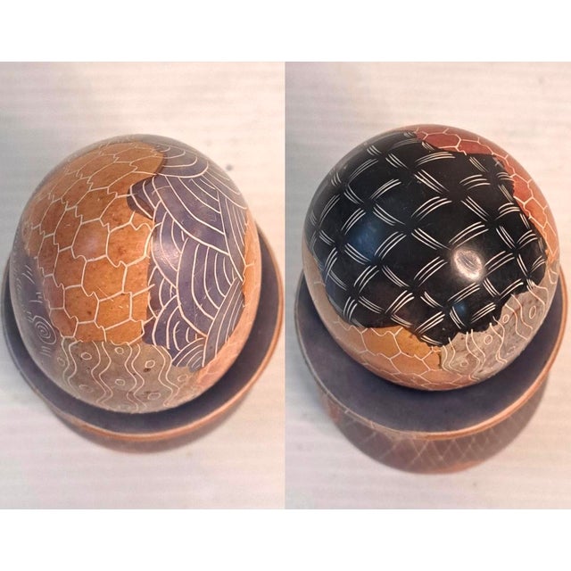 Vintage Carved Soapstone Egg & Rainbow Stone Egg Set of 2 W/ Stands For Sale In West Palm - Image 6 of 13