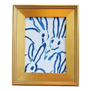 Framed Abstract Blue & White Bunny Linen Fabric Textile With Antiqued Gold Wood Frame For Sale