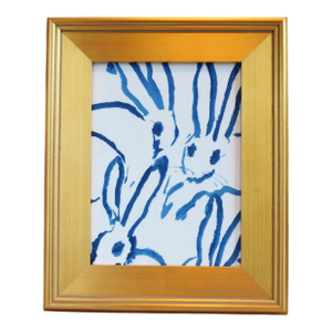 Framed Abstract Blue & White Bunny Linen Fabric Textile With Antiqued Gold Wood Frame