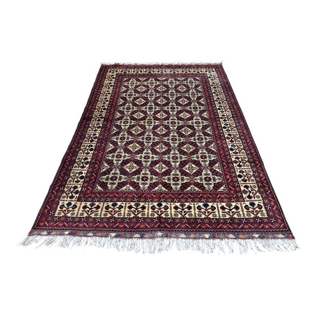 Afghan Turkmen Hand-Knotted Wool Rug, Ivory Star Lattice, 9'10" X 6'8" For Sale