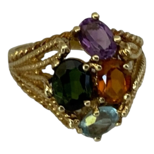 Beautiful Ladies Multi Stoned 14kt Ring Amethyst Citrine Topaz Green Tourmaline 9 1/2
