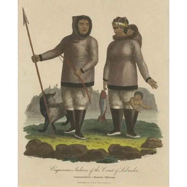 This original hand-colored engraving for sale is a historical print, depicting two indigenous individuals, likely Inuit,...