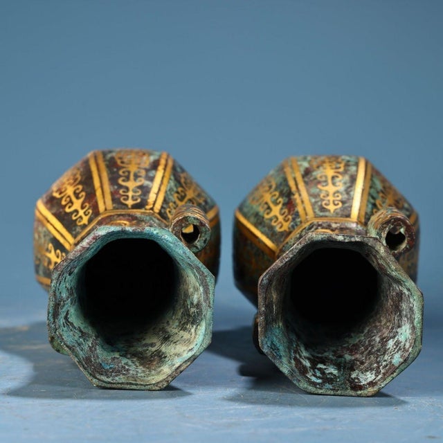 Metal Pair of Vintage Bronze Vases With Gold Inlay - Archaic Style Hu Vessels For Sale - Image 7 of 8