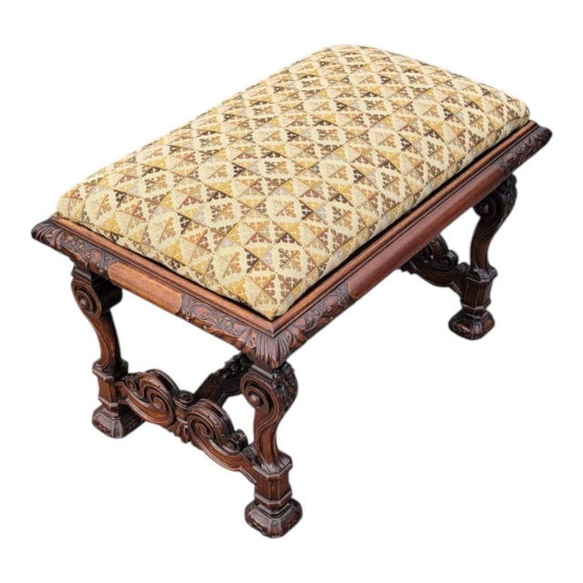 Antique 19th C. French Walnut Upholstered Bench –Hand Carved, Restored & Quality For Sale - Image 10 of 16