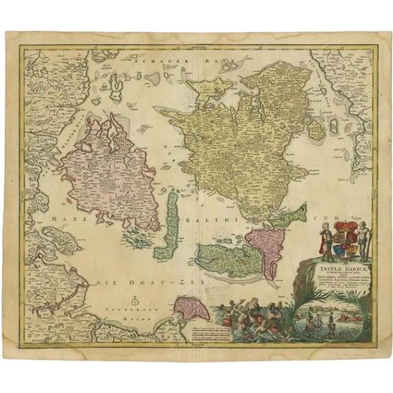 Antique Map of the Islands of Denmark by Homann Heirs, 1720 For Sale